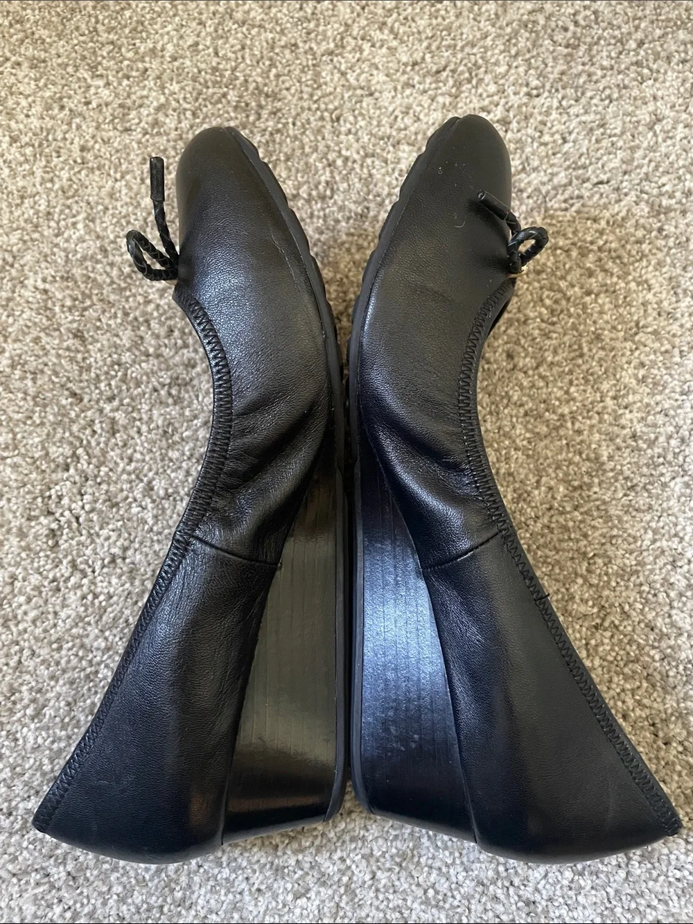 Cole Haan Tali Grand Wedge Sz 9 Black Leather Ballet Flats Braided Bow 1.5” heel